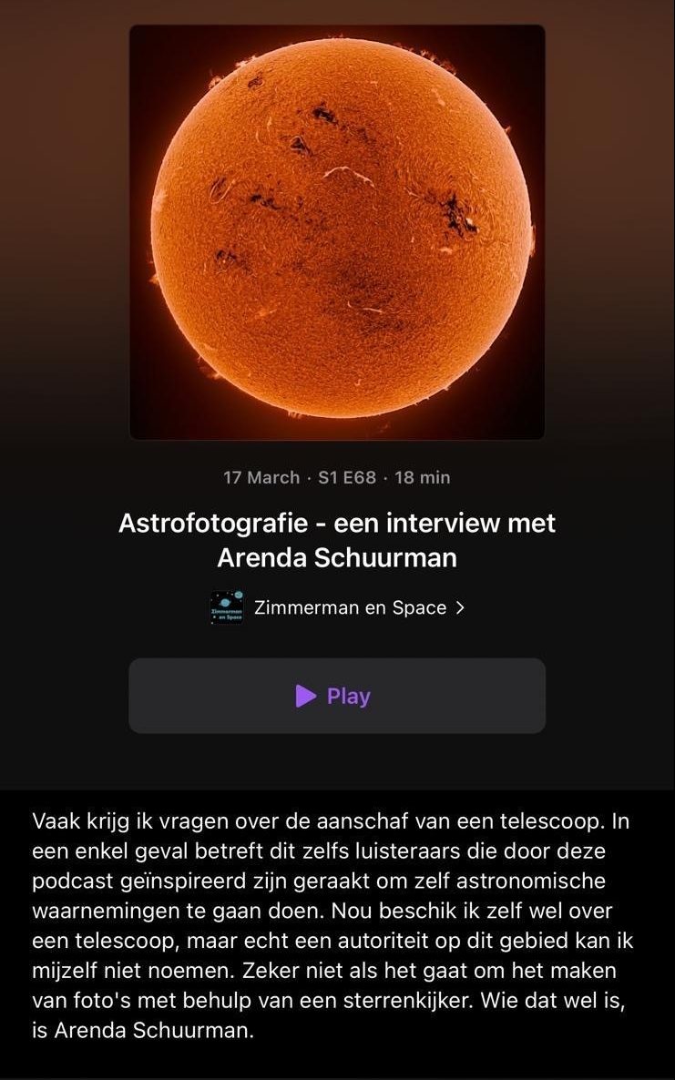 Zimmerman en Space - Astrofotografie - een interview met Arenda Schuurman Zimmerman en Space - Astrofotografie - een interview met Arenda Schuurman